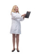 friendly female doctor with clipboard looking at you .