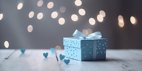 Blue gift box with blue hearts, blurred background, father's day gift, birthday gift, birthday anniversary, generative AI