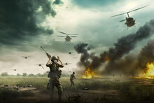 Vietnam War With Helicopters And Explosions. Neural Network AI Generated Art