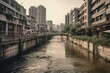A waterway flowing through a bustling metropolitan area. Generative AI