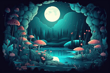 Fantastic Wonderland Landscape With Mushrooms, Lilies Flowers, Morpho Butterflies And Moon. Illustration To The Fairy Tale Alice In Wonderland, Generative AI