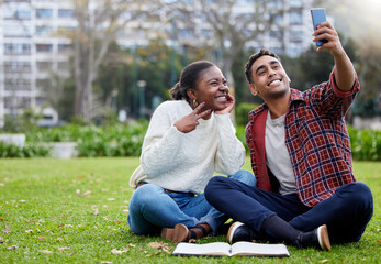 Poster - Will break for selfies. a young man and woman taking selfies on a study break at college.