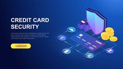 Credit card security. Internet safety and personal data protection. Landing page design. Shield, coins and banknotes. Internet transactions, electronic payments. Cartoon isometric vector illustration