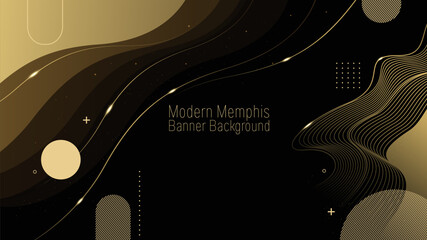 Wall Mural - Modern Memphis Banner Background, abstract premium black and gold geometric shape with wavy lines, curve, overlap gradients, composition for illustration banner, website, template design