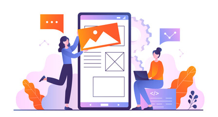 Wall Mural - program interface development concept. women stand near screen of smartphone and develop element for
