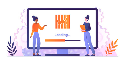 Wall Mural - computer firmware concept. women next to monitor with progress scale. gadgets and devices, system up