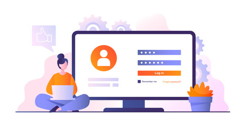 Wall Mural - person login concept. woman with laptop sits and enters password, logs in to website. internet data 