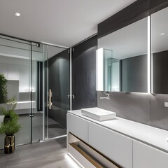 Wall Mural - 18 A contemporary, minimalist bathroom with a mix of white and metallic finishes, a large, frameless mirror, and a mix of open and closed storage2, Generative AI