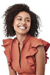 Smile, fashion and happy black woman relax on isolated, transparent and png background. Cheerful, smiling and stylish african girl model laughing, carefree and having fun, excited and trendy