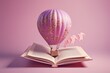 Pink hot air balloon in book on pastel purple background. Creative flat lay design. 3D render. Generative AI