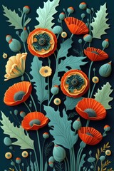 Wall Mural - Floral pattern with poppies and leaves. Generative AI illustration.
