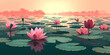 Illustration of a beautiful lotus lake, lotus flowers in full bloom. Daylight. Vesak Day concept.