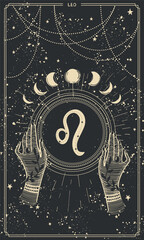 Wall Mural - card with leo zodiac sign symbol, mystical template for stories with place for text, two hands holdi