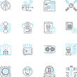 © Nina - Cybersecurity measures linear icons set. Encryption, Firewall, VPN, Patching, Authentication, Antivirus, Biometrics line vector and concept signs. Access,Risk,Compliance outline illustrations