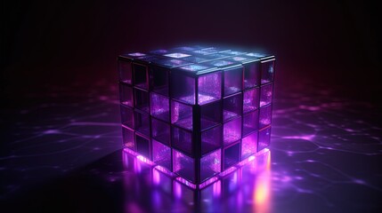 Wall Mural - 3d rendering of black cubes with purple neon lights on black background.Generative Ai