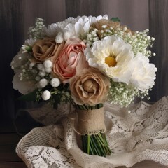 Poster - Rustic bouquet with burlap and lace accents. Mother's Day Flowers Design concept.