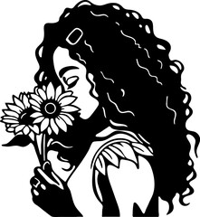 Wall Mural - Beautiful african american woman with curly long hairstyle and sunflowers. Cartoon style. Isolated on white background. Vector illustration for beauty salons, posters, and social media.