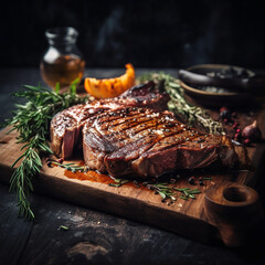 Wall Mural - juicy grilled steak with herbs and spices on rustic cutting board. Barbecue