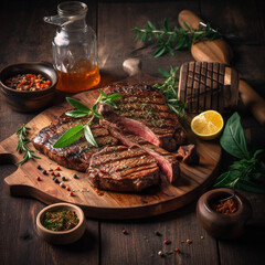 Wall Mural - juicy grilled steak with herbs and spices on rustic cutting board. Barbecue