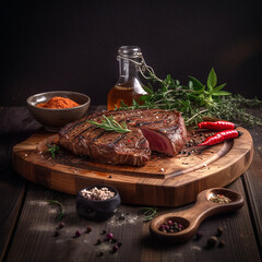 Wall Mural - juicy grilled steak with herbs and spices on rustic cutting board. Barbecue