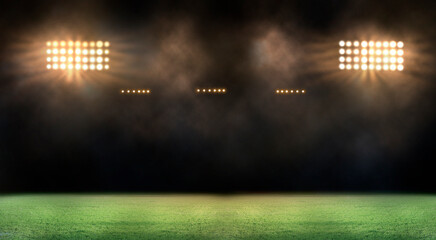 Green soccer field, bright spotlights,	
