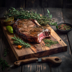 Wall Mural - juicy grilled steak with herbs and spices on rustic cutting board. Barbecue