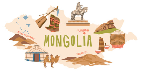 Map of Mongolia with sights. Traditional dishes, household items of nomads, a yurt. Vector illustration for the design of tourist brochures, tourist maps. A landmark monument to Genghis khan.