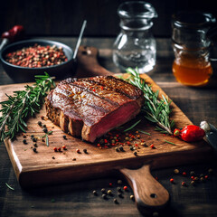 Wall Mural - juicy grilled steak with herbs and spices on rustic cutting board. Barbecue