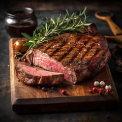 Canvas Print - juicy grilled steak with herbs and spices on rustic cutting board. Barbecue