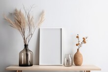 Mock Up Poster Frame, Vase With Dry Pampas Grass In Vase On Wooden Shelf And White Wall Background., Generative Ai