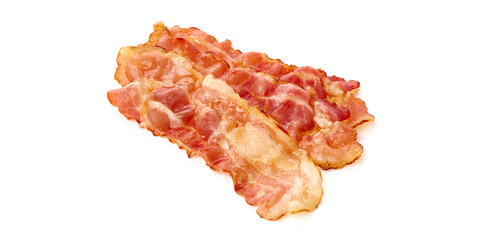 Wall Mural - Cooked bacon rashers, close-up, isolated on white background.