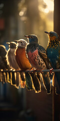 Wall Mural - line of various birds resting on a laundry line Generative AI