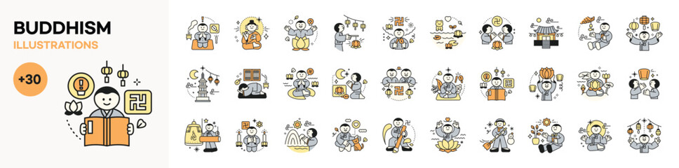Wall Mural - Buddha’s Birthday. Cute monk character and Buddhist culture mega set. Vector illustration with outlines.