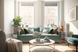 © Rawf8 - Μodern living room interior. Comfortable furniture, glass windows. AI generative