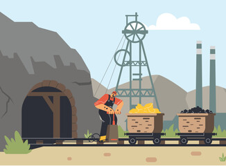 Miner takes out carts with coal from the mine, flat vector illustration.