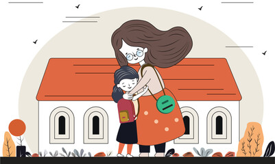 Sticker - Young Woman Character Hugging Cute Girl In Front of House On White And Beige Background. Happy Teachers Day Concept.