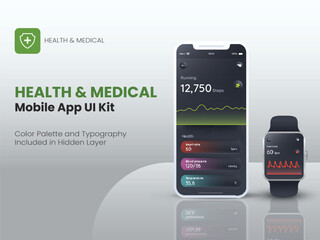 Wall Mural - health and medical fitness tracker application in smartphone and smartwatch for mobile application o