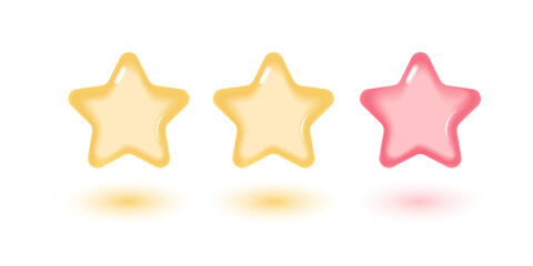 three stars, glossy yellow and pink colors. Customer rating feedback concept from the client about employee of website. Realistic 3d design of the object. For mobile applications. Vector illustration.