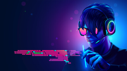 Wall Mural - programmer in headset coding programm text in vr interface. software developer of computer code. cod