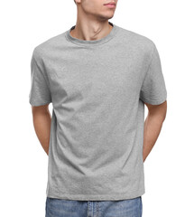 Wall Mural - Young man wearing grey t-shirt on white background, closeup