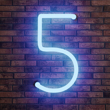 Glowing Neon Number 5 Sign On Brick Wall
