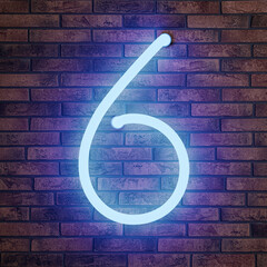 Poster - Glowing neon number 6 sign on brick wall