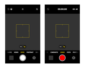 Camera interface on smartphone screen. Photo, video ui in mobile phone. Application for recording. Photo and video shooting. Viewfinder, focus and button record. Vector illustration.