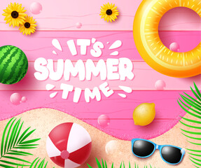 Wall Mural - summer time vector design. it's summer time text in pink wooden space with colorful beach elements. 