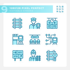 Sticker - Railroad industry pixel perfect blue RGB color icons set. Railway station. Passenger rail. Rapid transit. Isolated vector illustrations. Simple filled line drawings collection. Editable stroke