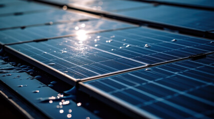 Wall Mural - close-up of wet solar panels on rooftop during rain, generative ai