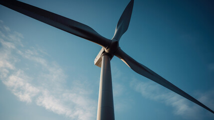 Wall Mural - low-angle view of wind turbine at sunrise against blue sky, renewable energy, generative ai