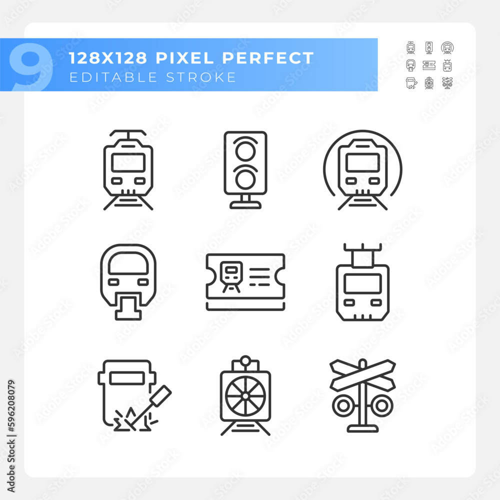 Railroad company pixel perfect linear icons set. Train transportation ...