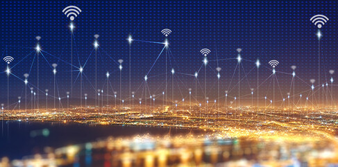 Wall Mural - cityscape, skyline and overlay for network, connection or iot infrastructure development for transfo