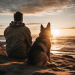 a man with a german shepherd sit on the beach and watch the sunset. Generative AI.
